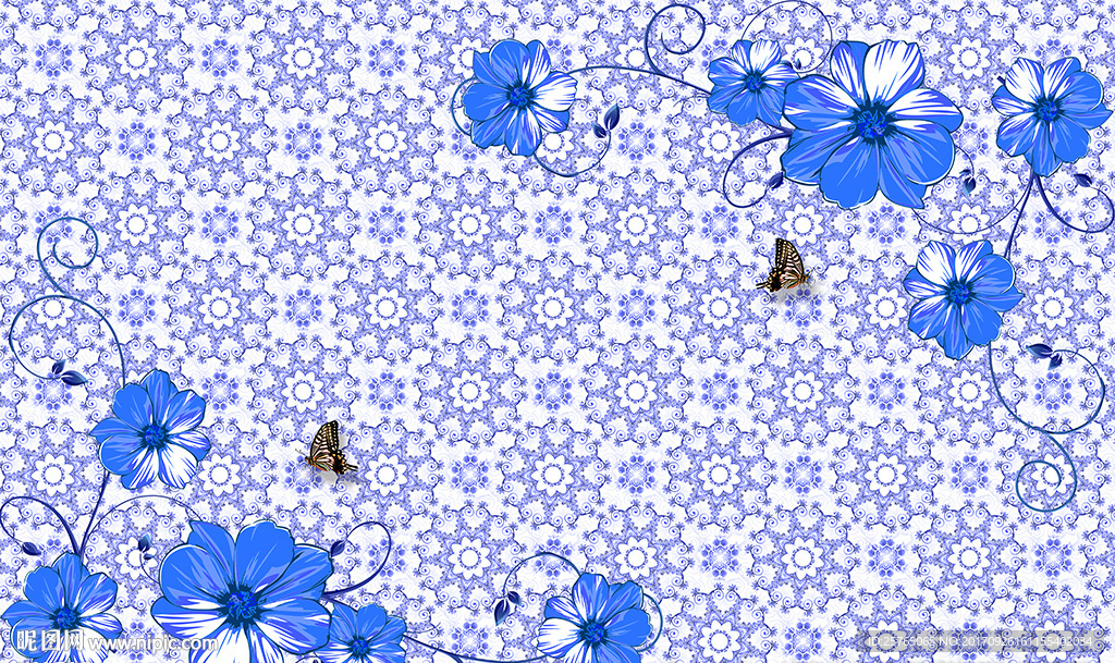 中式花纹蓝色花卉蝴蝶电视背景墙