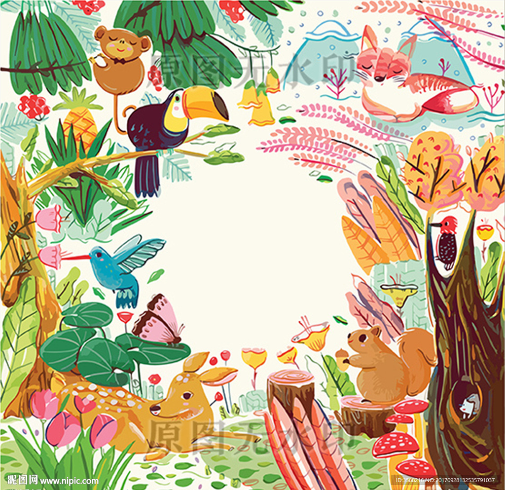 绿色春天卡通小清新谷雨森林动物配图插画图片-千库网