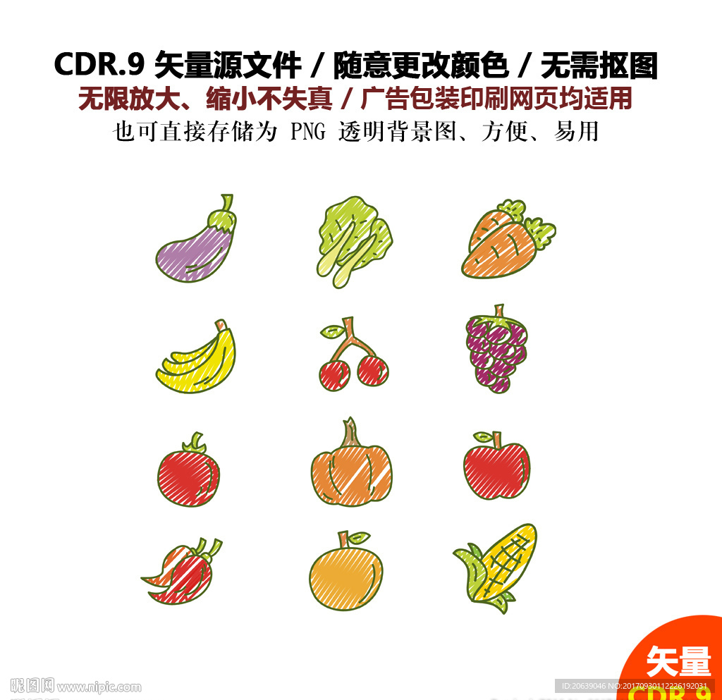 手绘线描蔬菜水果矢量图