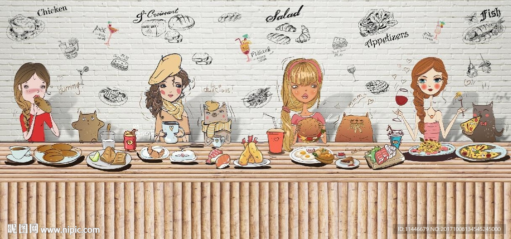 卡通美食人物砖墙背景