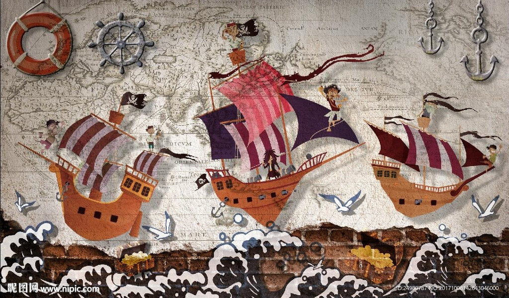 复古卡通海盗船背景墙
