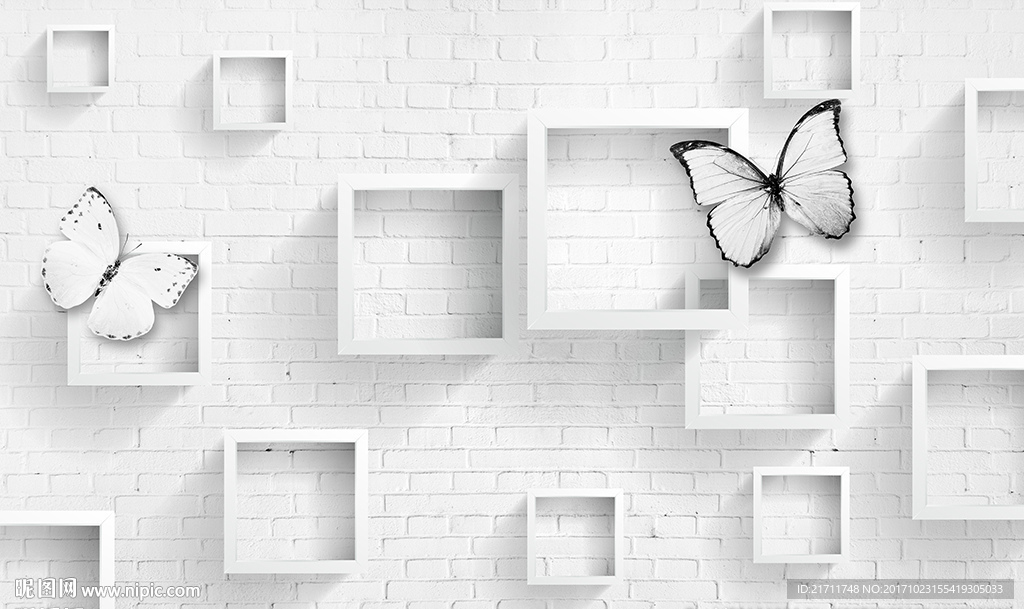 简约框框蝴蝶白色砖墙电视背景墙