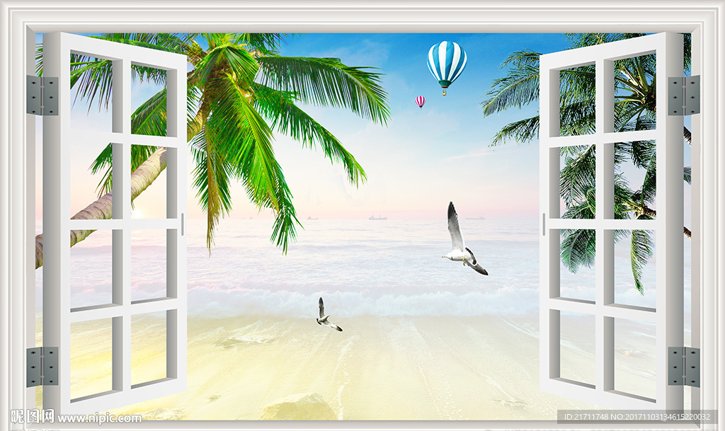 3D窗外海边沙滩椰树电视背景墙