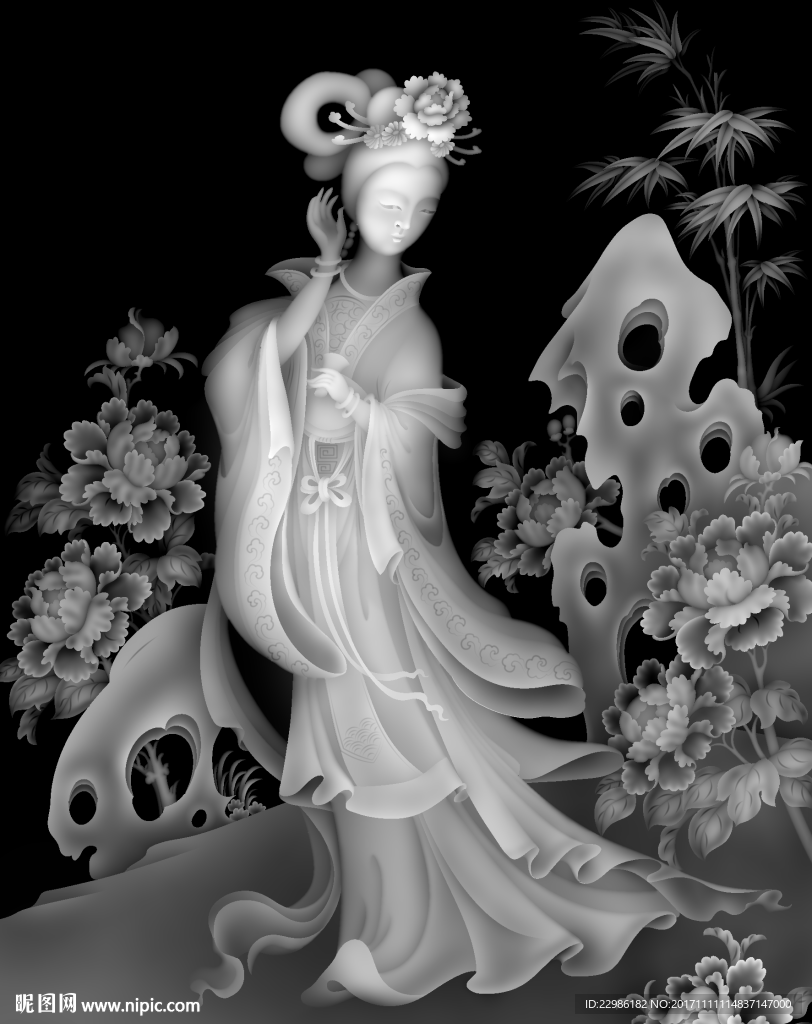 牡丹花古代人物贵妃精雕浮雕灰度