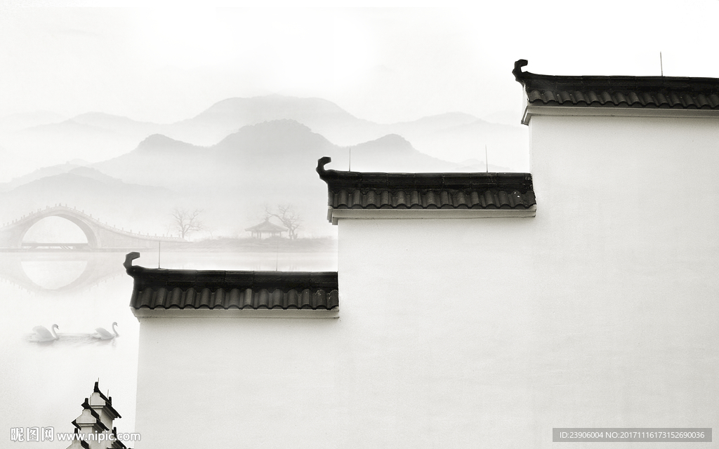 马头墙水墨山水背景墙装饰画图片