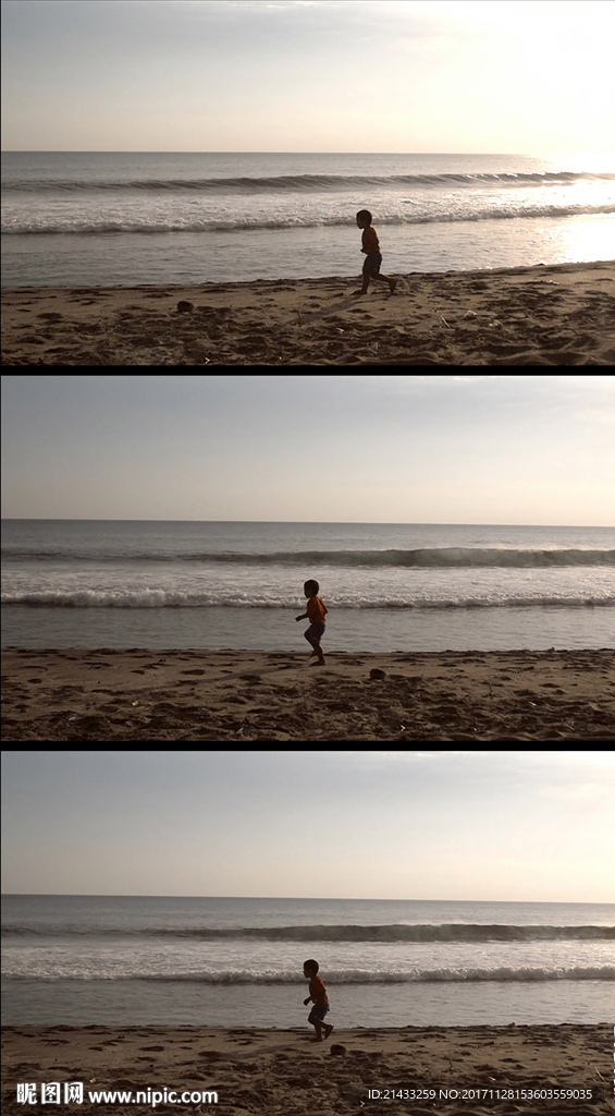 小孩在海边奔跑实拍视频