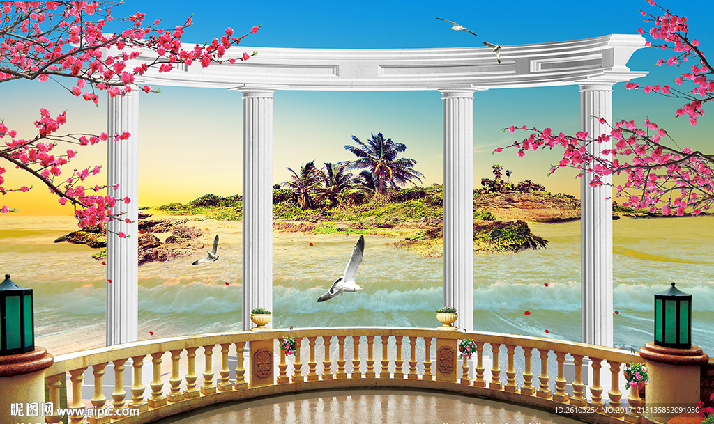 3D窗外大海风景电视背景墙