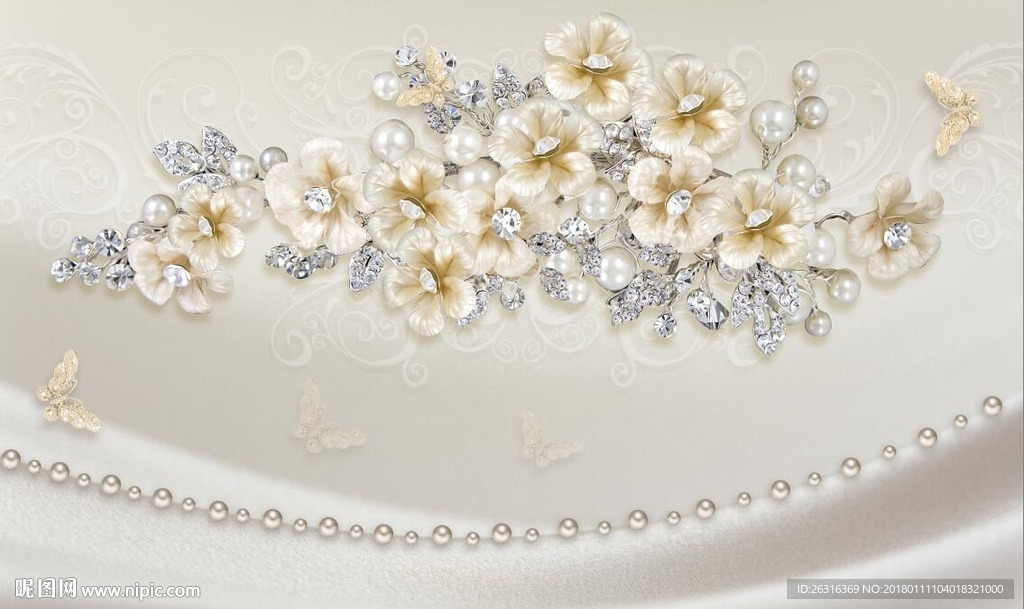 奢华欧式丝绸珍珠花朵电视背景墙