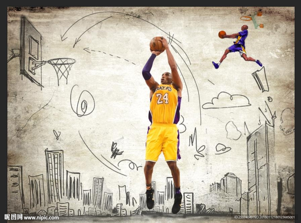 NBA篮球科比复古背景手绘涂鸦