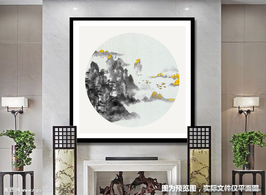 创意新中式古典山水圆形装饰画