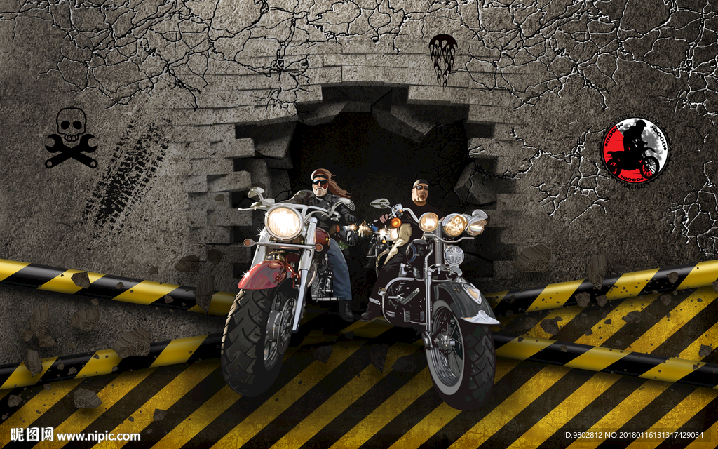 3D破墙摩托车复古背景墙
