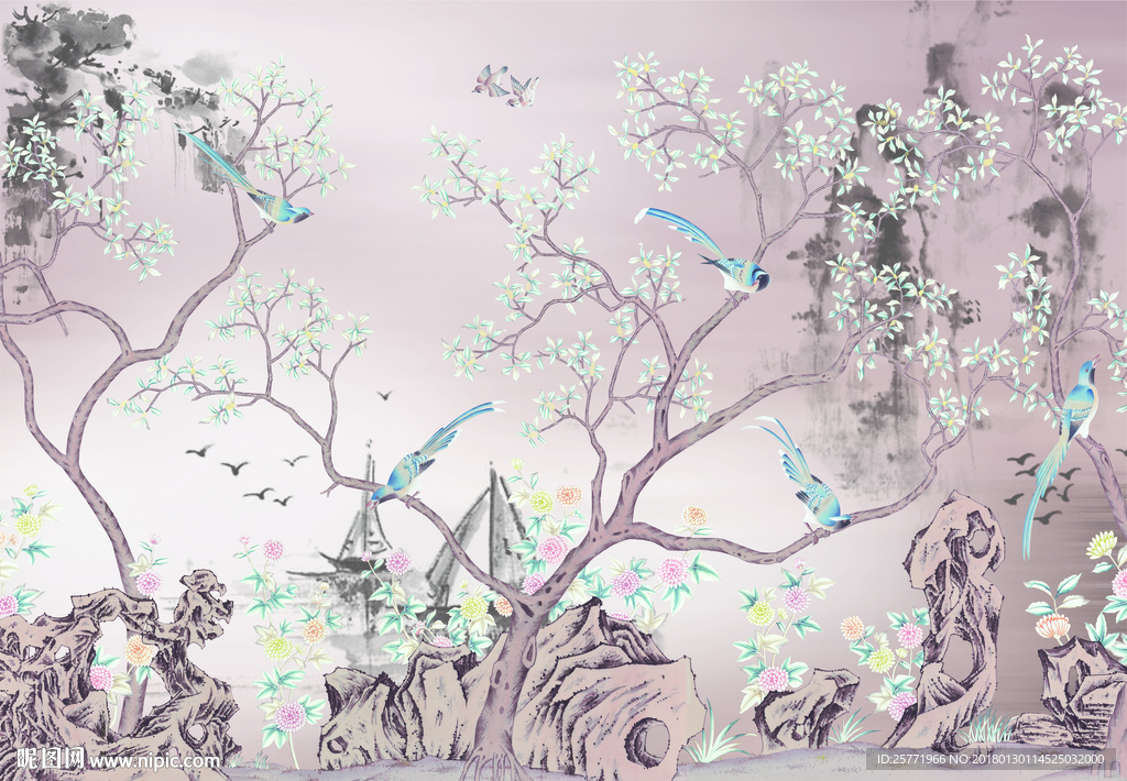 新中式山水花鸟背景墙壁画
