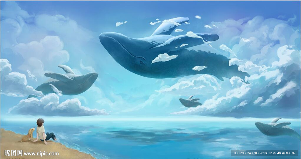 唯美手绘鲸鱼天空背景墙壁画图片