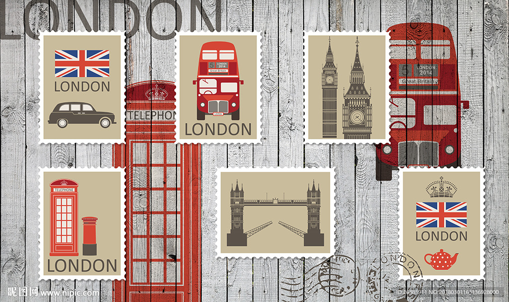 英伦时尚邮票背景墙