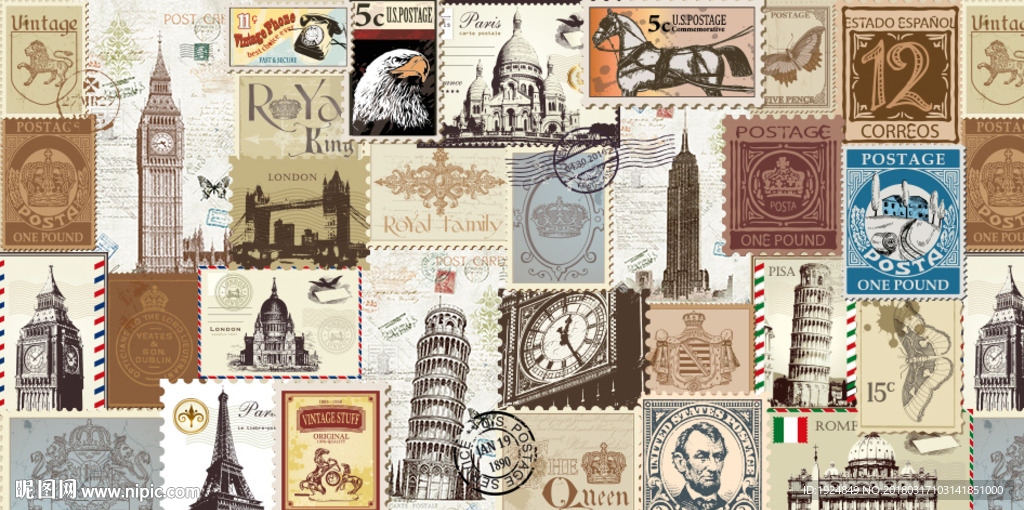 英伦复古风格邮票大型壁画