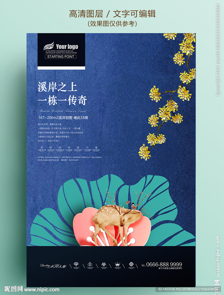 中国风复古系列梅花鹿房地产海报