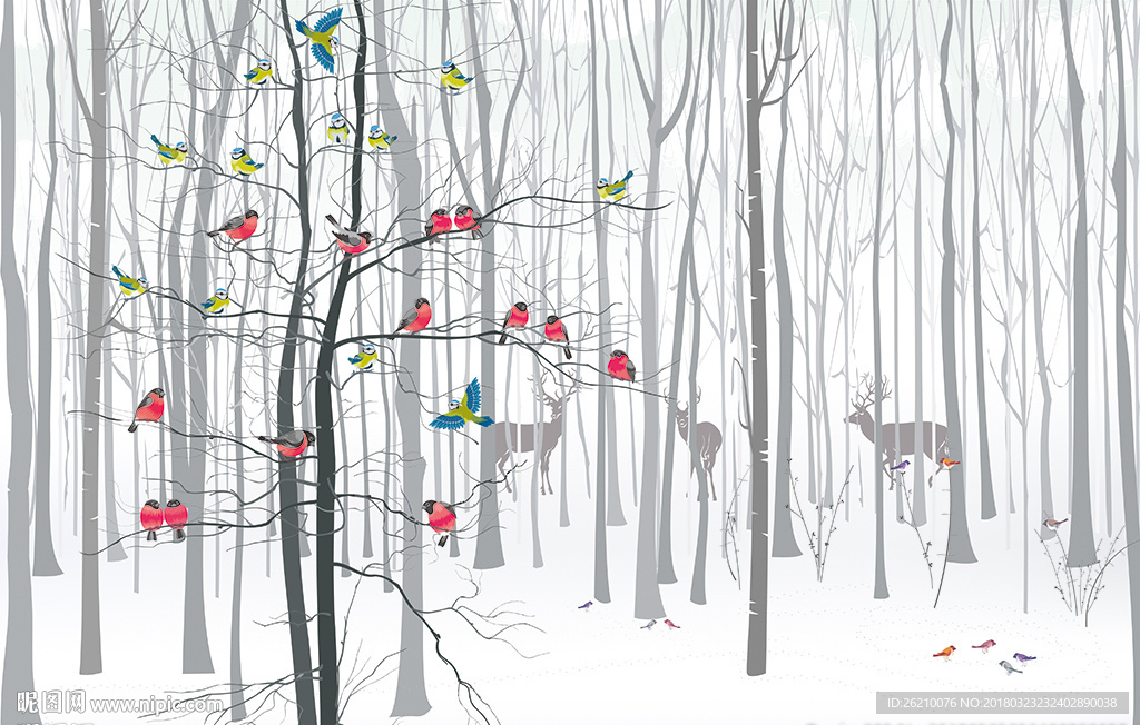 冬季森林麋鹿树枝小鸟北欧背景墙