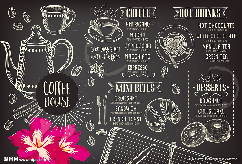 手绘咖啡店菜单背景墙设计