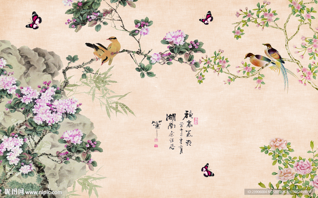 新中式花鸟背景墙壁画
