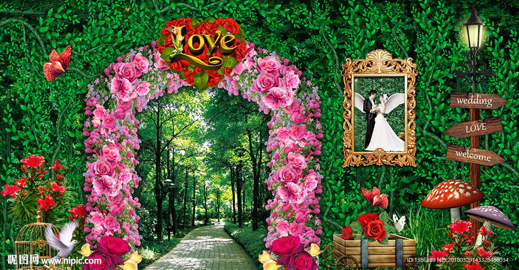 浪漫婚礼森林花艺立体墙背景墙
