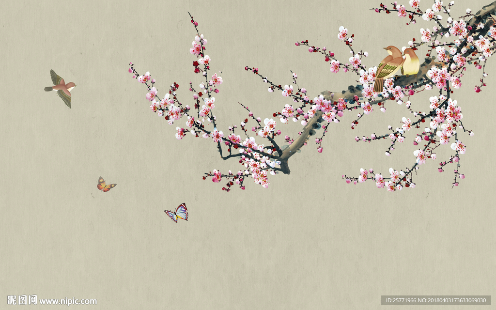 大型新中式手绘花鸟工笔梅花壁画