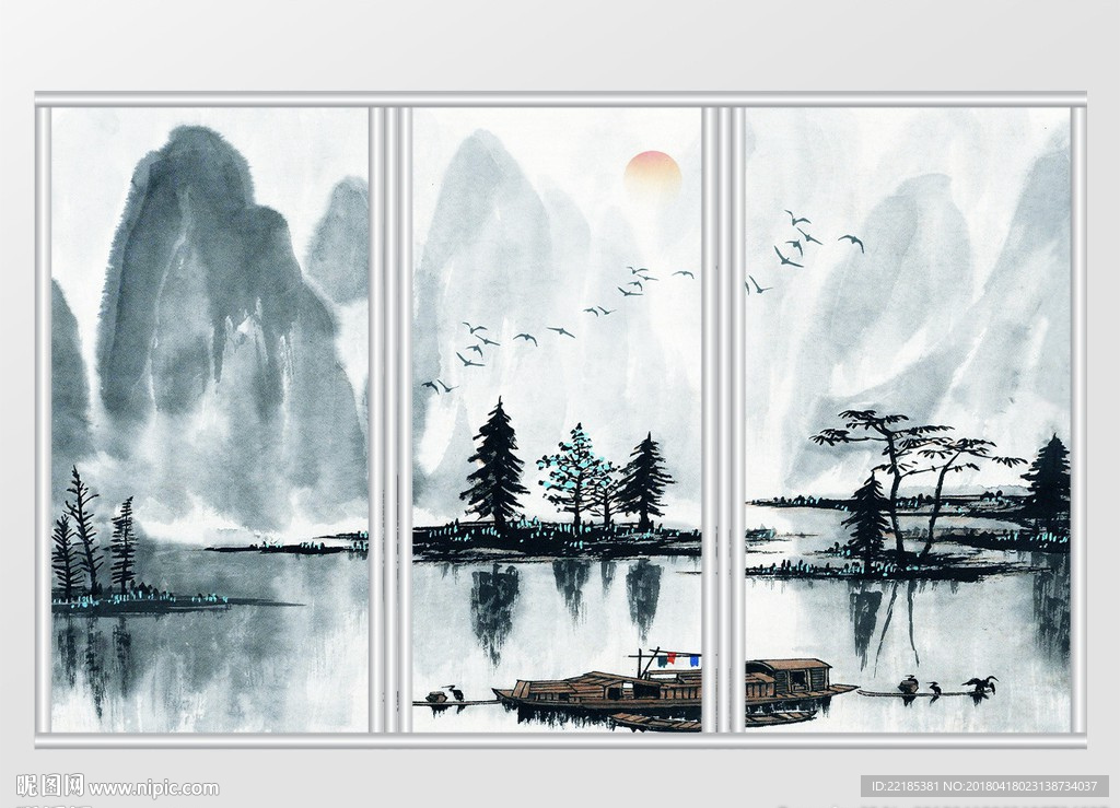 新中式山水中國風移門