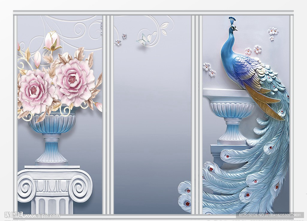 唯美大氣3d孔雀浮雕移門