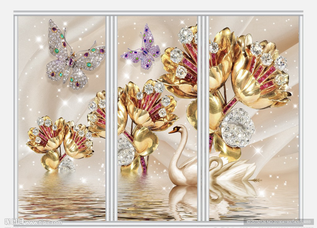 唯美3D天鵝花朵珠寶移門