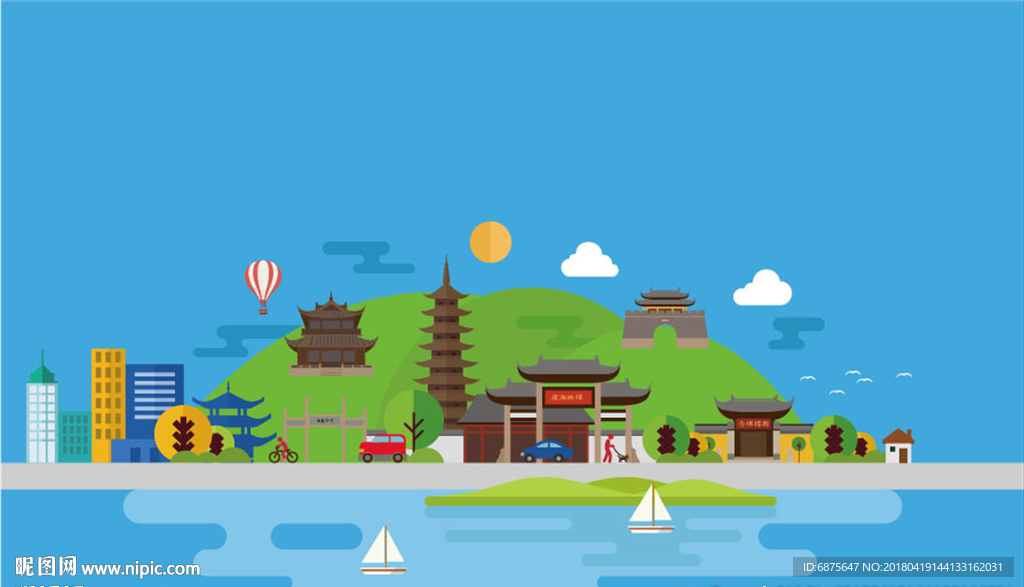 常熟城市扁平插畫矢量圖