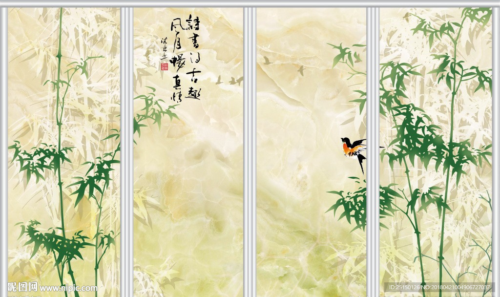 竹林飛鳥竹報移門