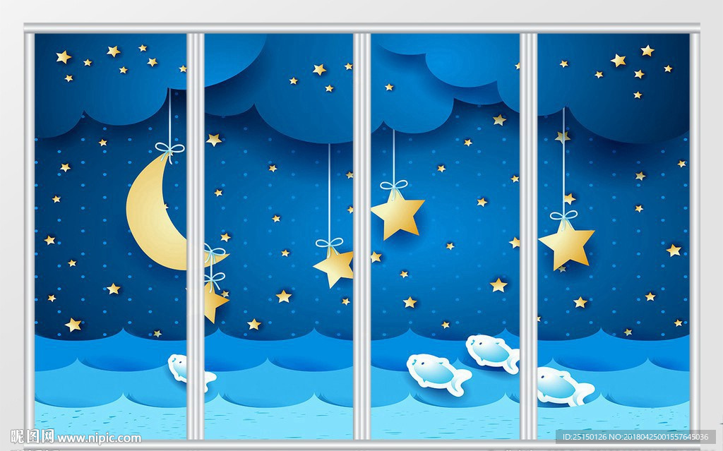 卡通夢幻夜晚星空移門
