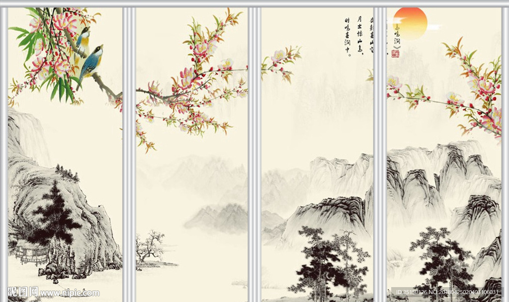 鳥鳴澗國畫工筆畫移門