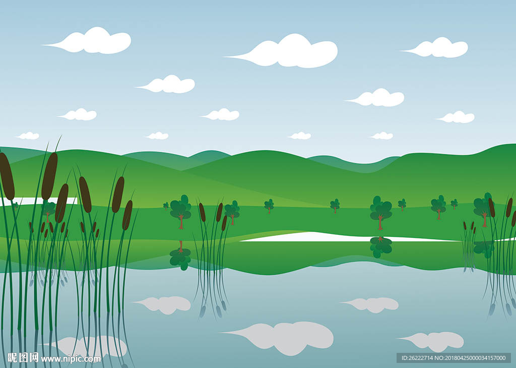 绿色森林湖泊矢量插画背景墙