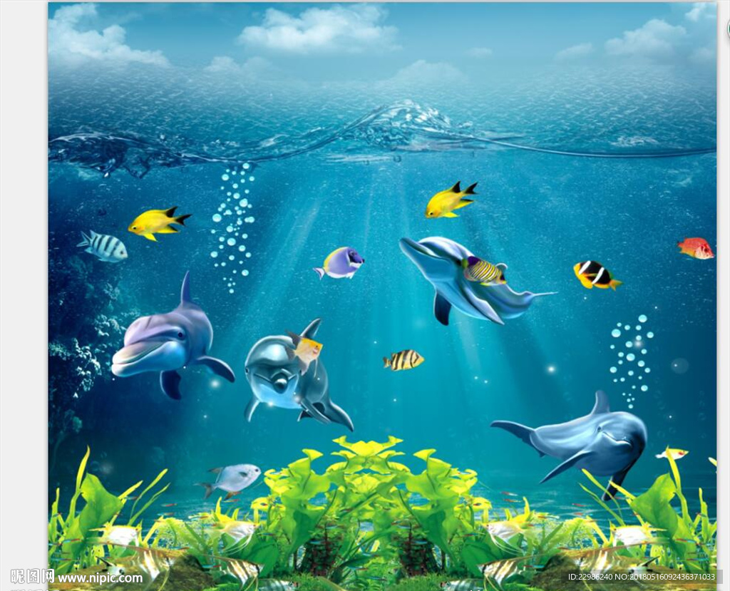 阳光四射海豚世界3D背景墙壁纸
