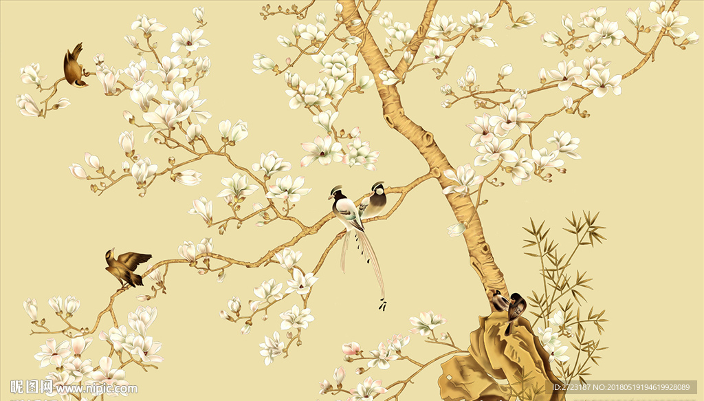 米黄色花鸟背景墙 新中式壁画