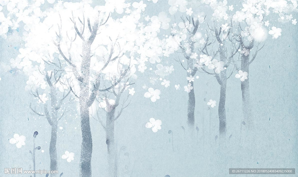北欧艺术复古树木蓝色背景图
