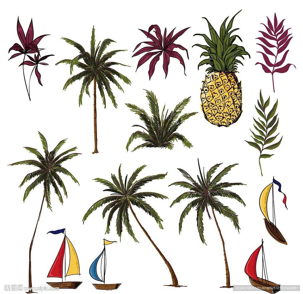 热带椰树菠萝矢量素材