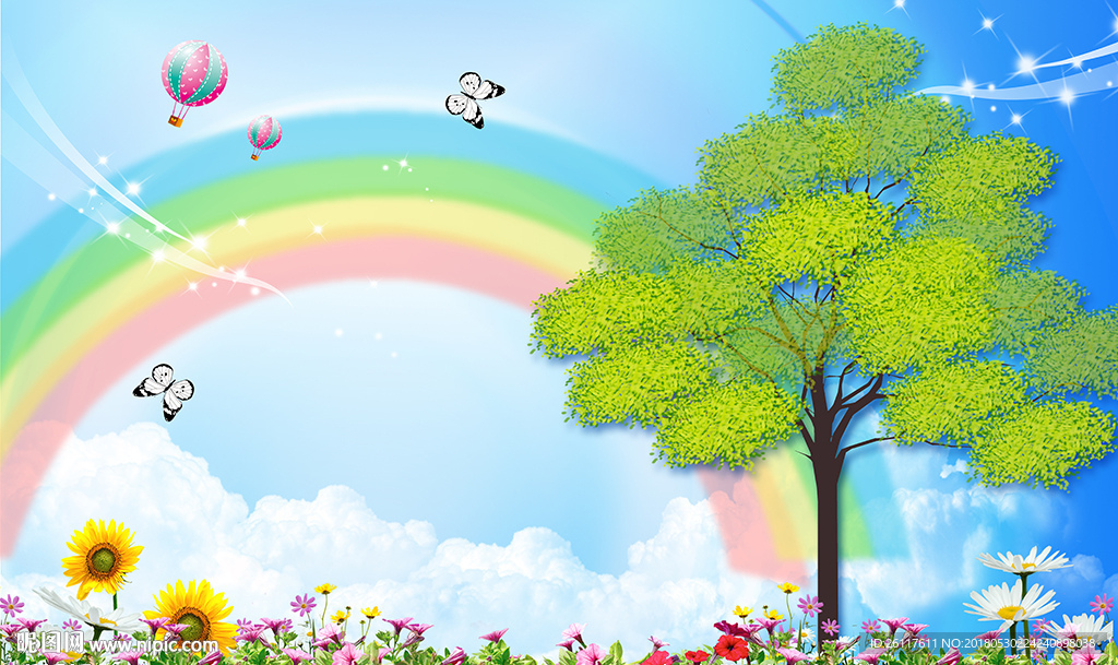 儿童卡通大树彩虹花卉背景墙
