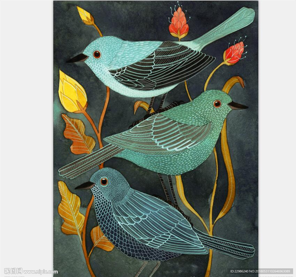 中式手绘工笔花鸟背景墙装饰画