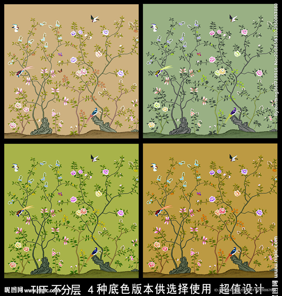 工筆花鳥壁畫背景墻裝飾畫