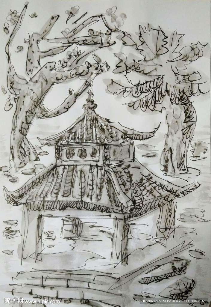 古塔寺庙祭奠美术钢笔画图片