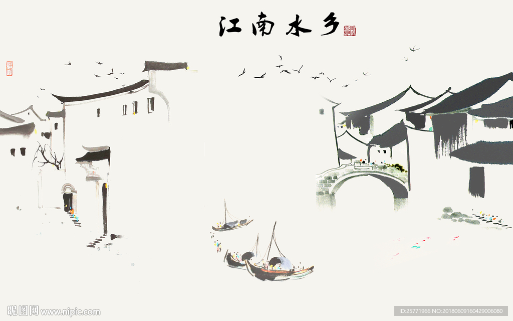 大型江南水乡背景壁画