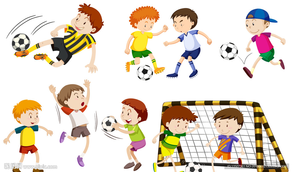 手绘儿童踢足球卡通形象插画设计