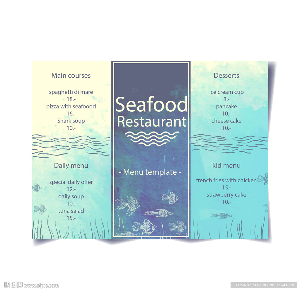 蓝色水彩风格海洋菜单设计