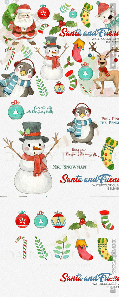 可爱手绘圣诞老人雪人节日装饰