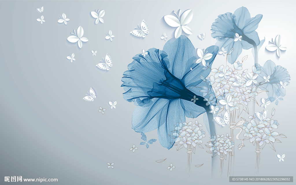 蓝色花朵剪纸蝴蝶艺术墙面设计背