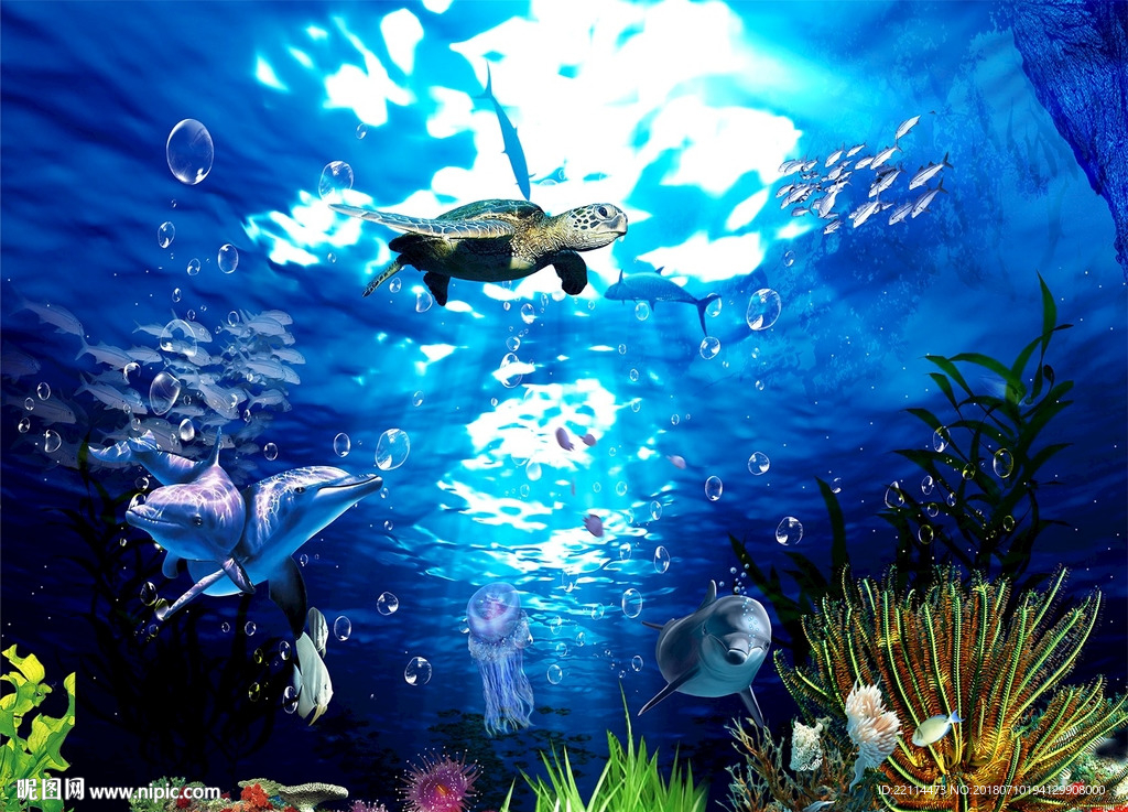 蔚蓝深海珊瑚海底世界电视背景墙