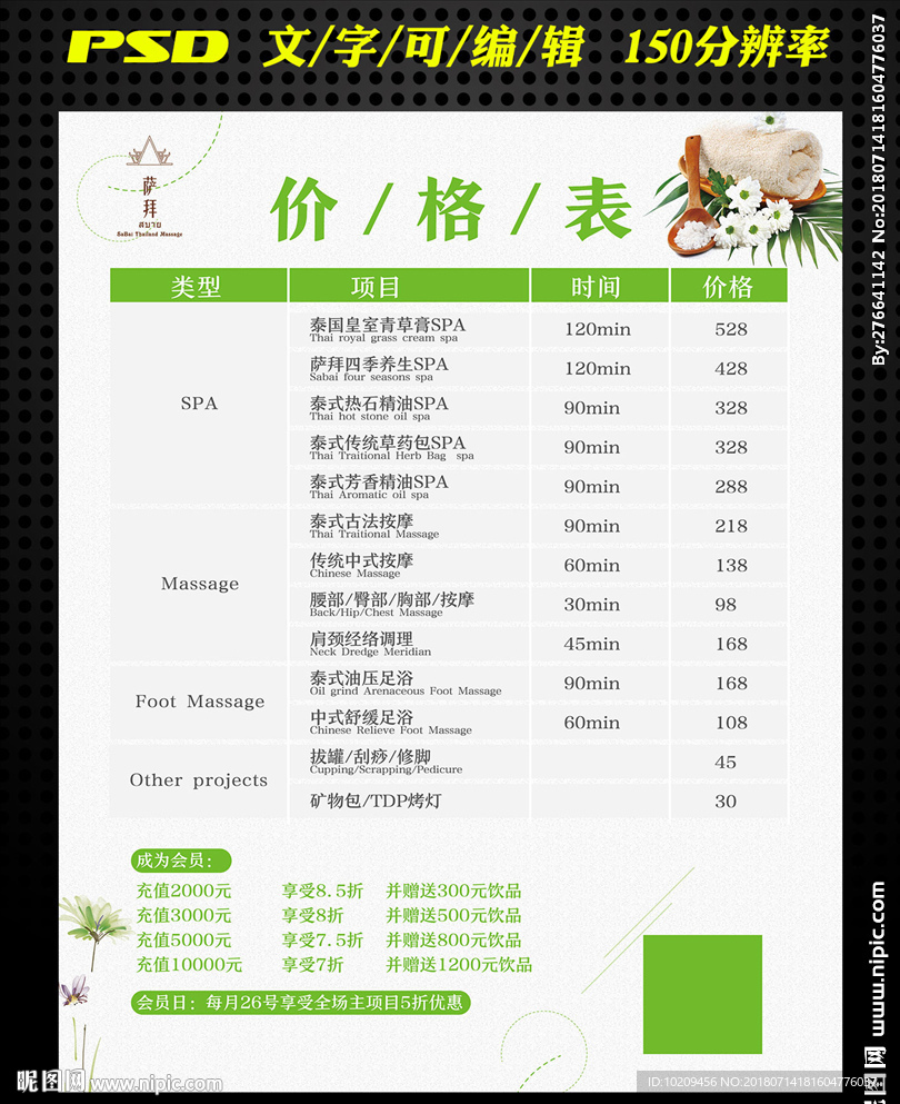 泰式按摩價格表