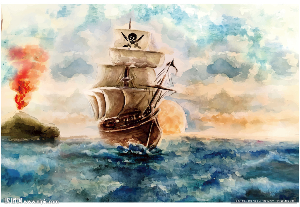 水彩绘海上的海盗船