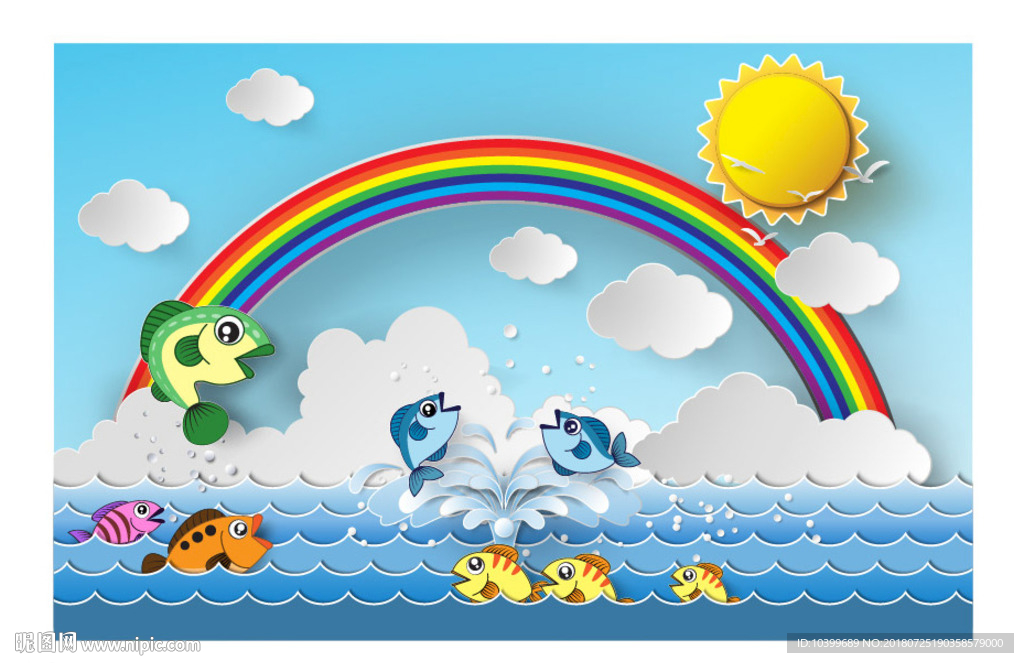 卡通鲸鱼和彩虹云朵素材